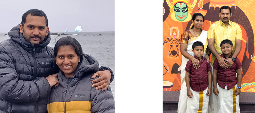 [Left photo] Tinu (Left) and Sijo (Right) enjoying Newfoundland and Labrador, 2023 [Right photo] Tinu and Siju with their children Edwin (left) and Dennis (right), 2023